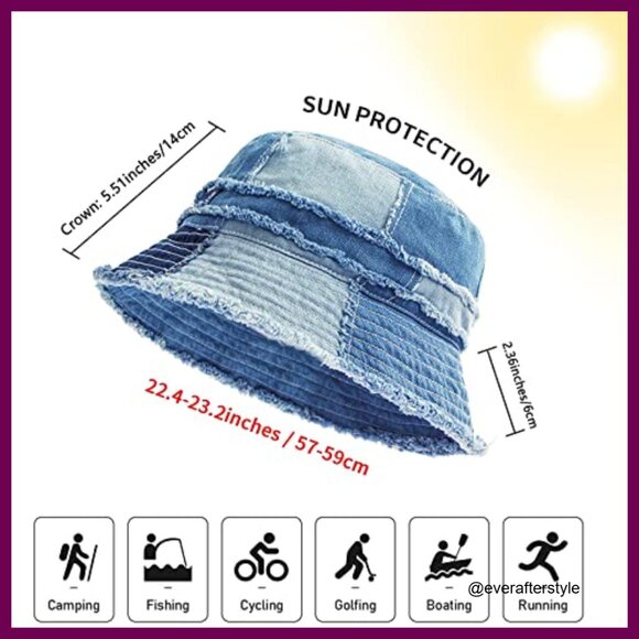 Distressed Denim Bucket Hat Packable Travel Sun Protection Cap